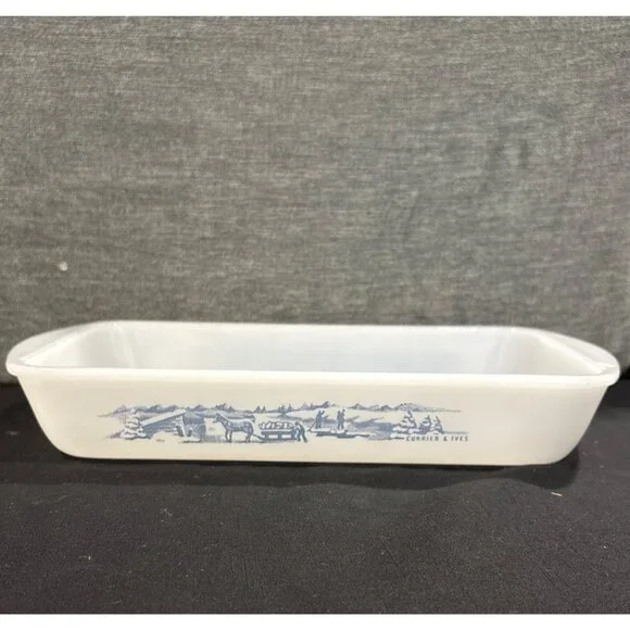 Vintage Glasbake Milk Glass Rectangular Baking Dishes With Blue Farm Scene - Picture 4 of 16